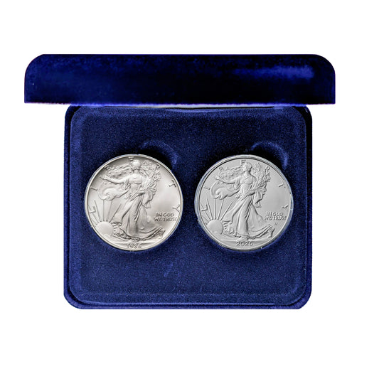 1986 Silver Eagle and 2026 Silver Eagle 40 Year Silver Eagle Anniversary Set in Specialty Blue Felt Lined Box