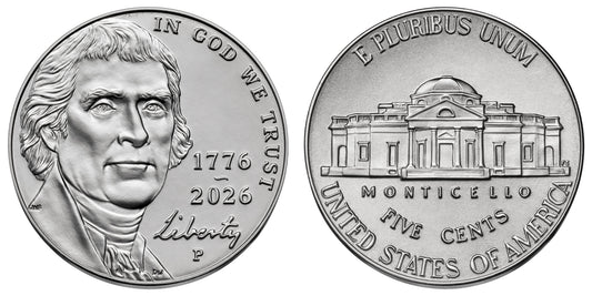 2026 P Jefferson Nickel 40 Coin Roll Dual Date 1776 - 2026 Philadelphia Mint Uncirculated