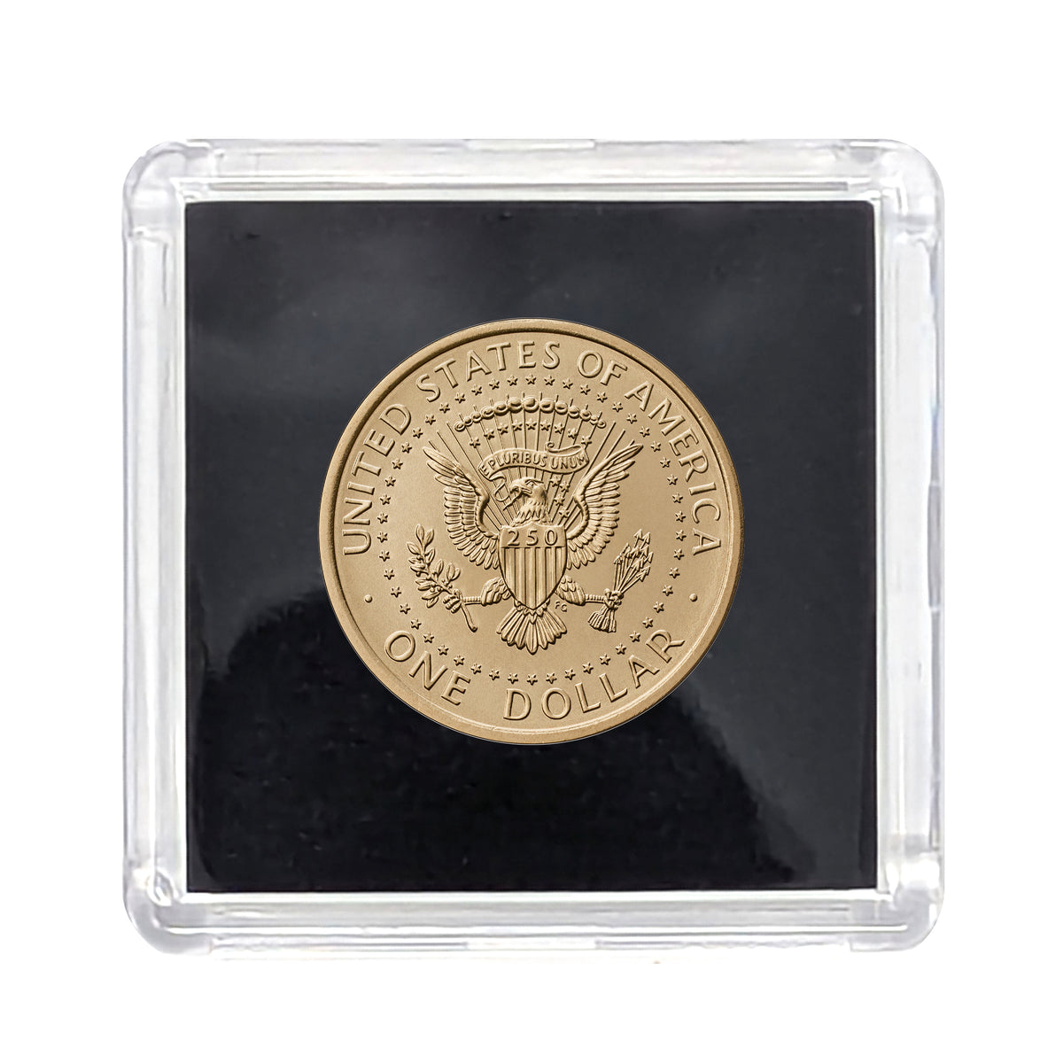 Presale! 2026 July 4th Privy Mark Donald Trump Semiquincentennial $1 Coin - U.S. Mint - Philadelphia (P) in Square Black Background Hard Plastic Display Case