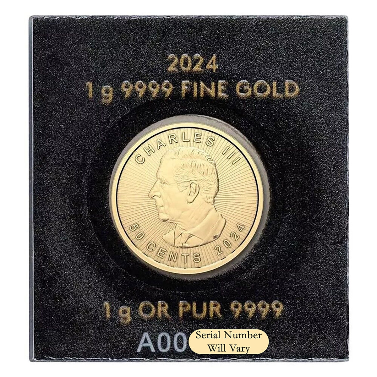 2024 1 Gram Gold Maple Leaf 50 Cent Coin In Maplegram Assay Card King Charles Effigy