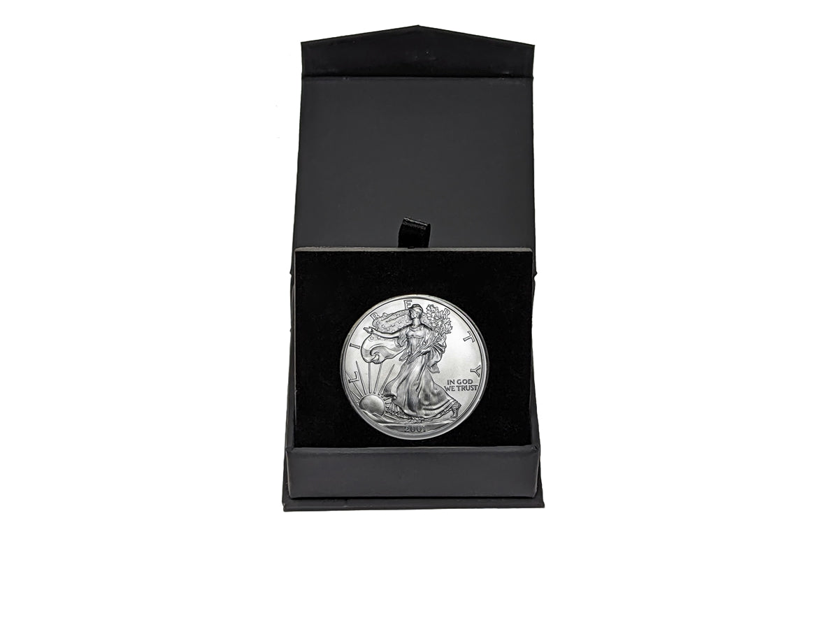 2001 U.S. Silver Eagle in Plastic Air Tite in Magnet Close Black Gift Box - Gem Brilliant Uncirculated