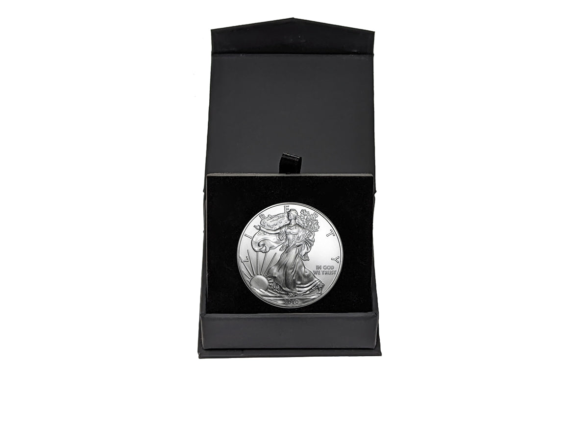 2010 U.S. Silver Eagle in Plastic Air Tite in Magnet Close Black Gift Box - Gem Brilliant Uncirculated
