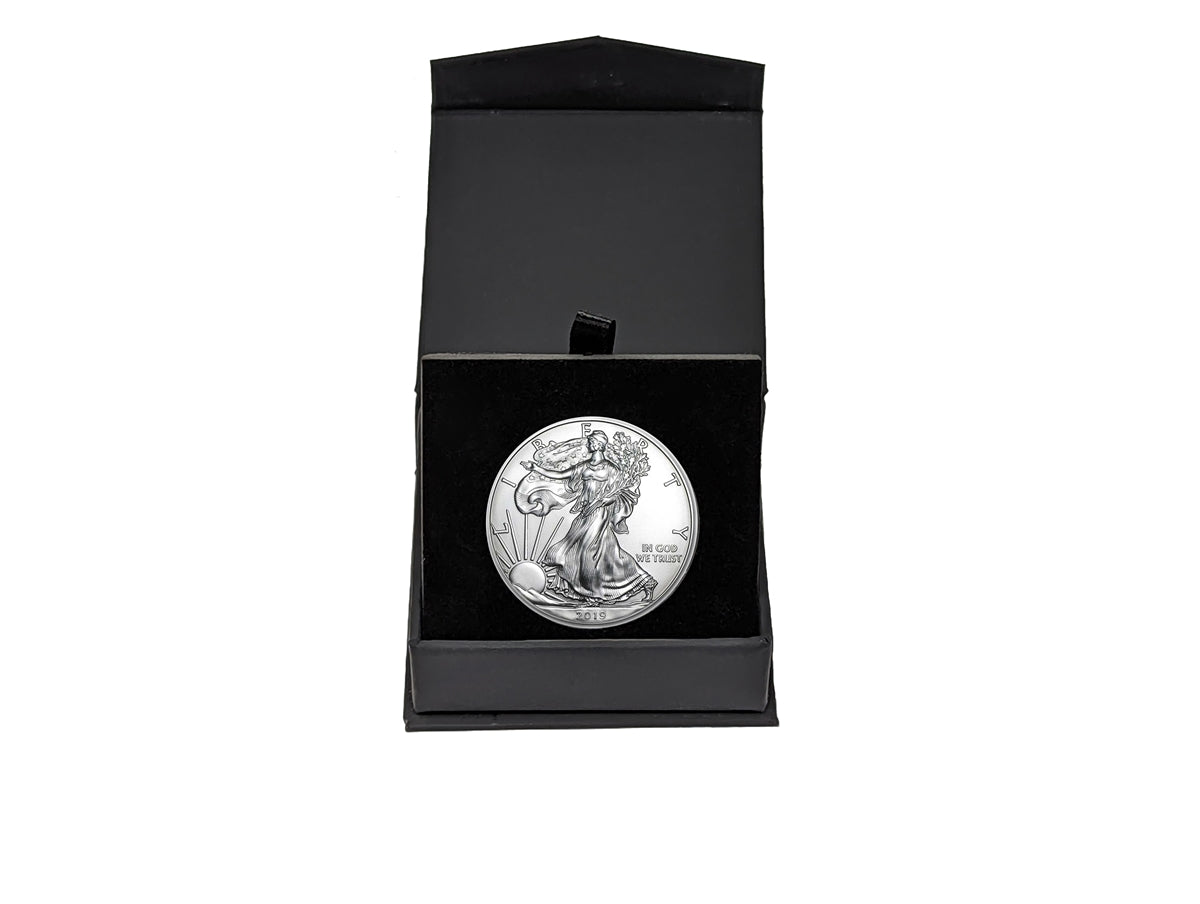 2019 U.S. Silver Eagle in Plastic Air Tite in Magnet Close Black Gift Box - Gem Brilliant Uncirculated