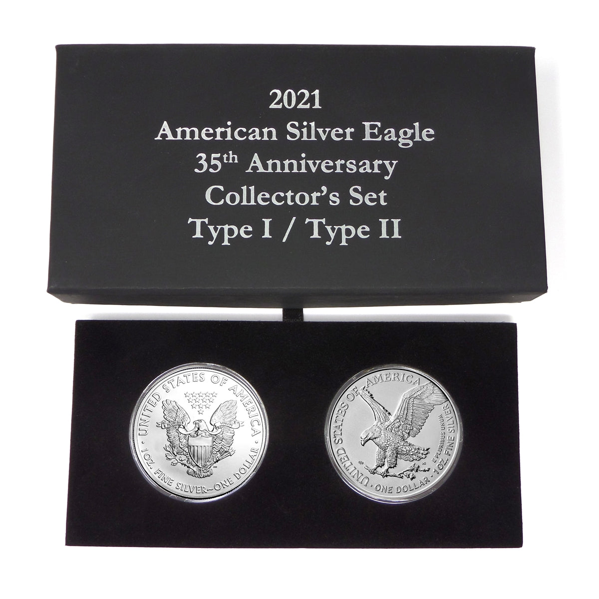 2021 U.S. Silver Eagle Type 1 and Type 2 (New Reverse) in Plastic Air in Specialty Anniversary Box