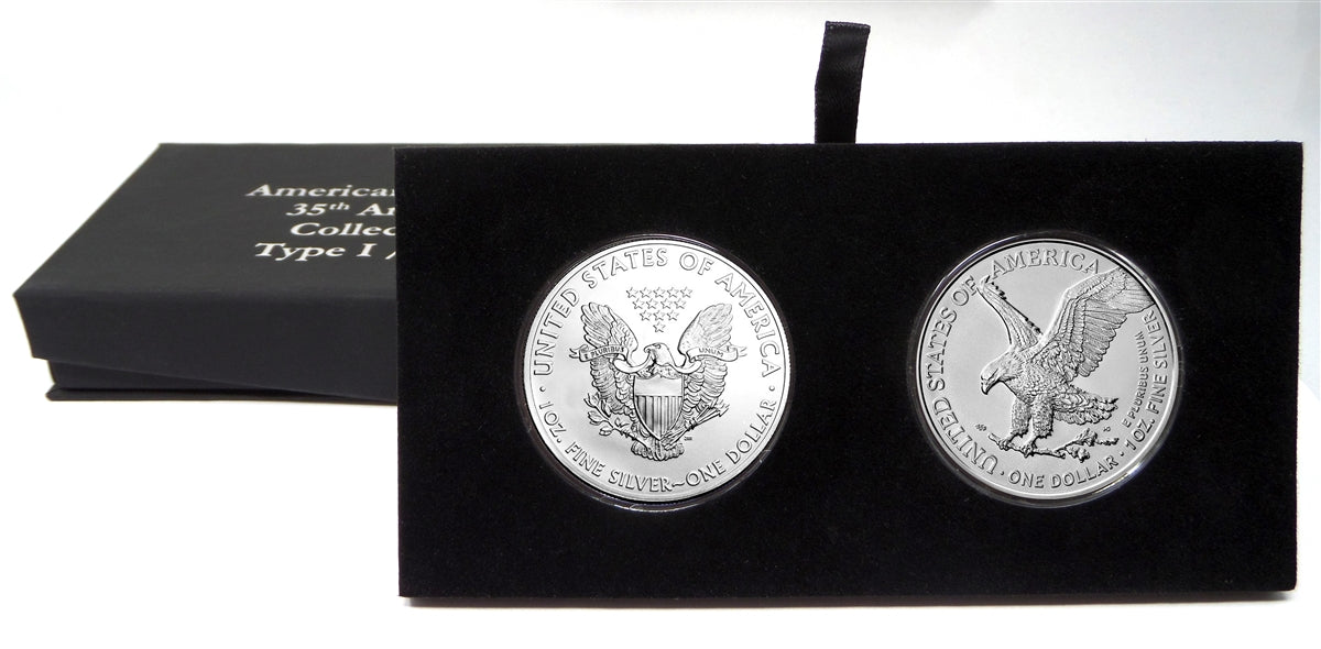 2021 U.S. Silver Eagle Type 1 and Type 2 (New Reverse) in Plastic Air in Specialty Anniversary Box