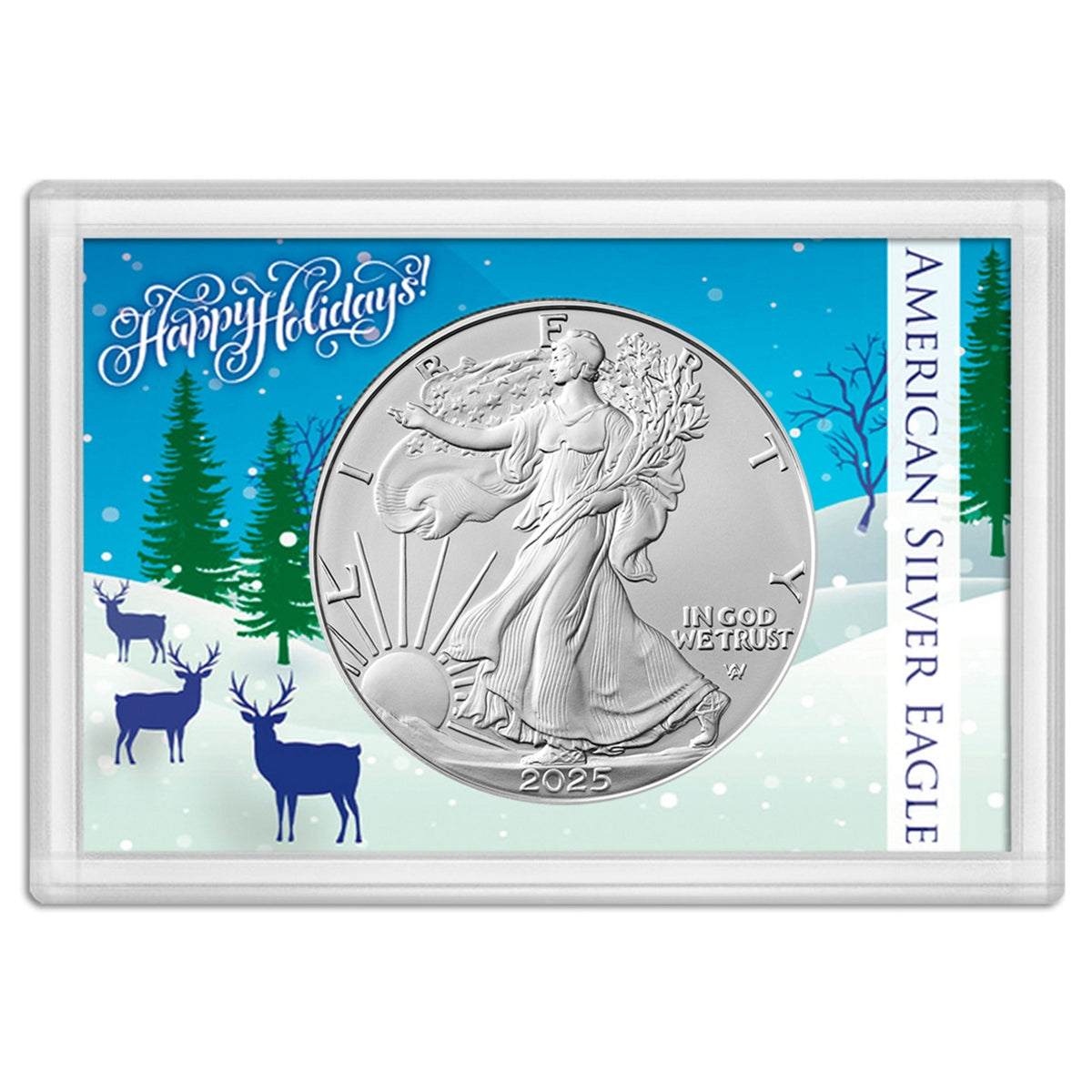 2025 American 1 oz Brilliant Uncirculated Silver Eagle in Happy Holidays Snowy Scene with Reindeer Holder