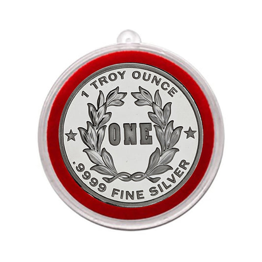 2025 Christmas Wishes Barn and Packages Scene 1oz .999 Silver Round in Ornament Holder