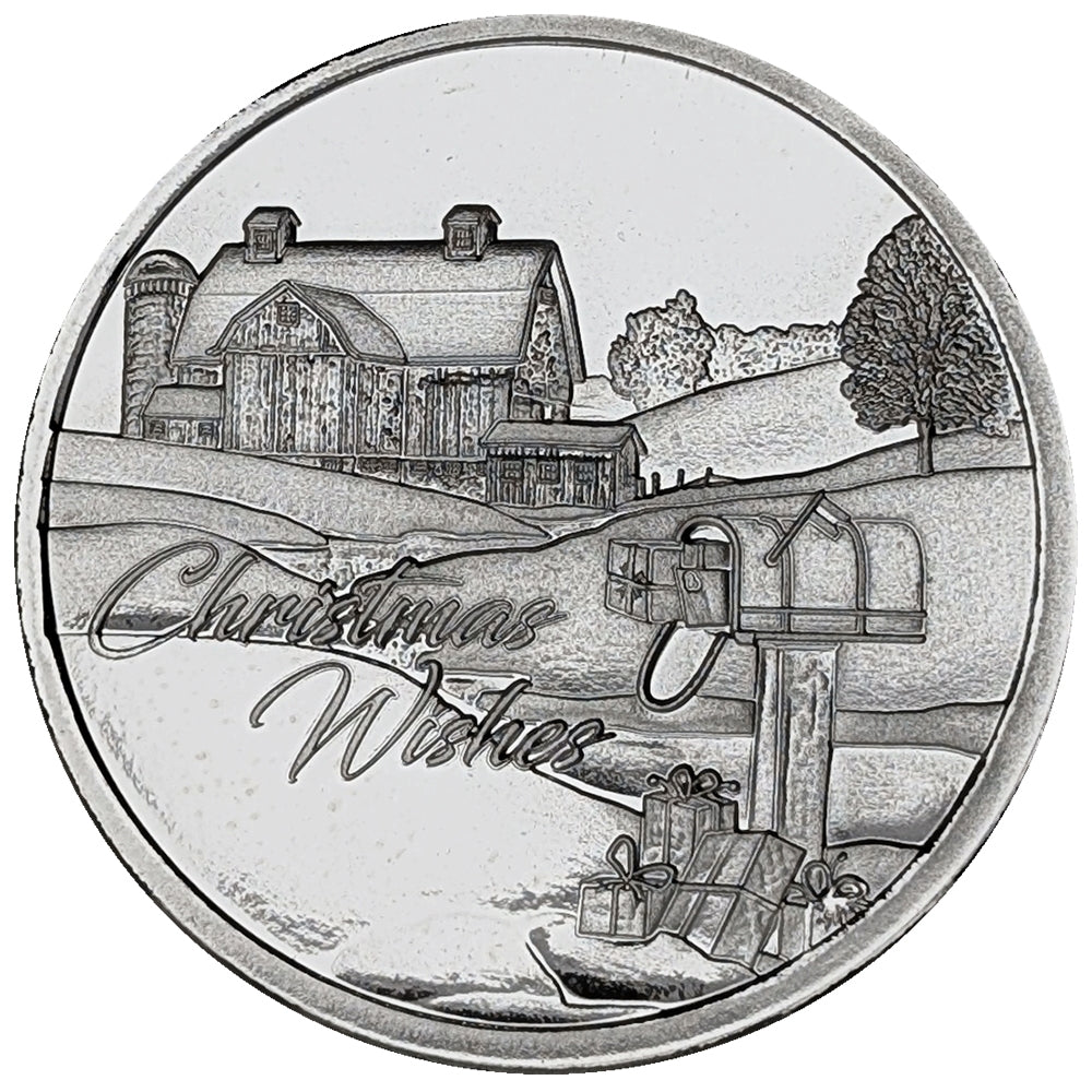 2025 Christmas Wishes Barn and Packages Scene 1oz .999 Silver Round in Ornament Holder