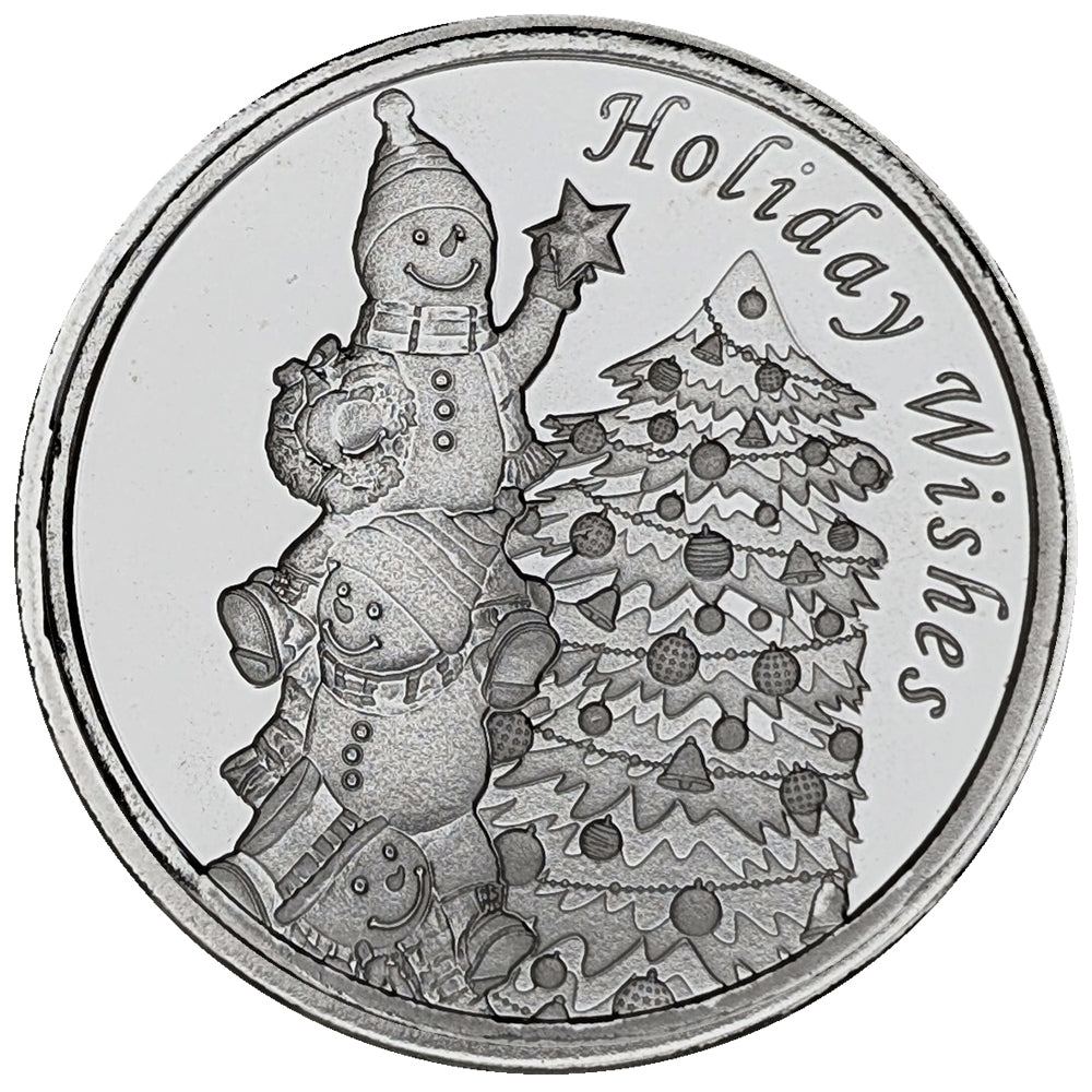 Holiday Wishes Snowmen Decorating Tree 1oz .999 Silver Round in Ornament Holder