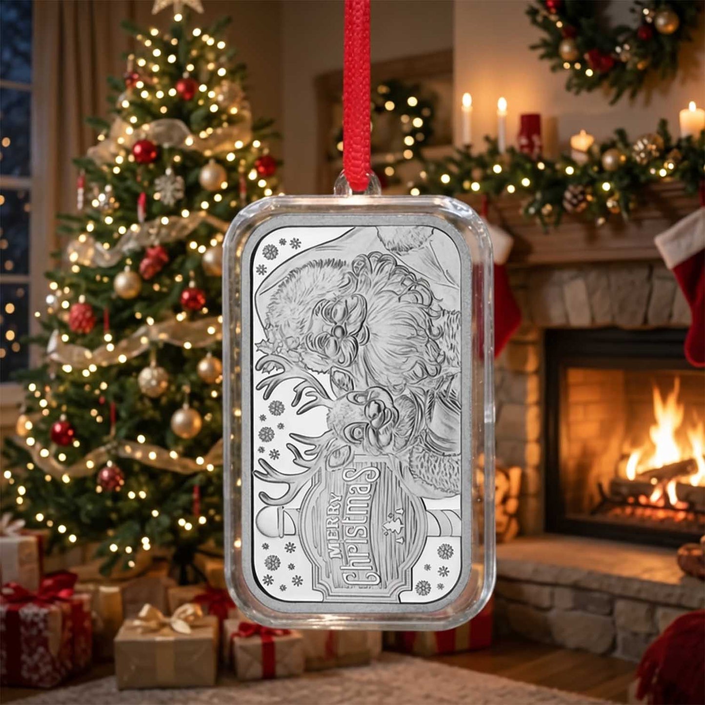 2026 Santa & Reindeer Hugs 1 oz .999 Fine Silver Bar in Christmas Ornament Holder