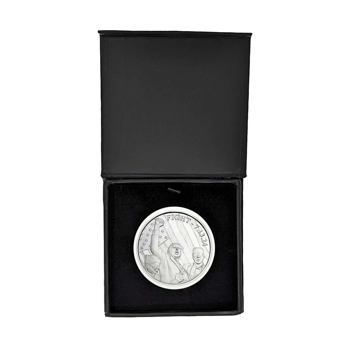 2024 President Trump Fight 7.13.24 Coin 1 Ounce Silver Round in Air Tite and Black Magnet Close Gift Box