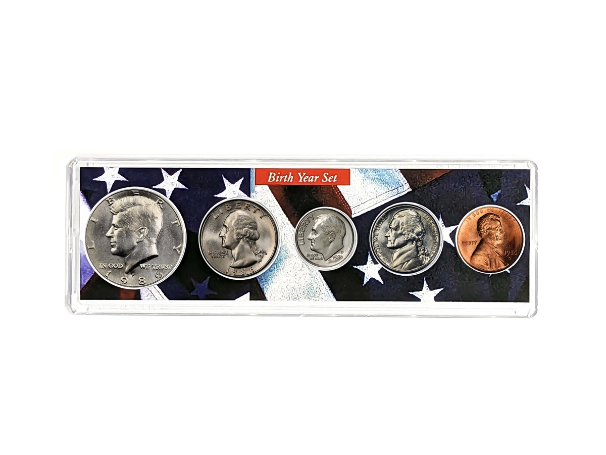 1986 Birth Year Coin Set - Uncirculated 5-Coin Collection in Patriotic Holder