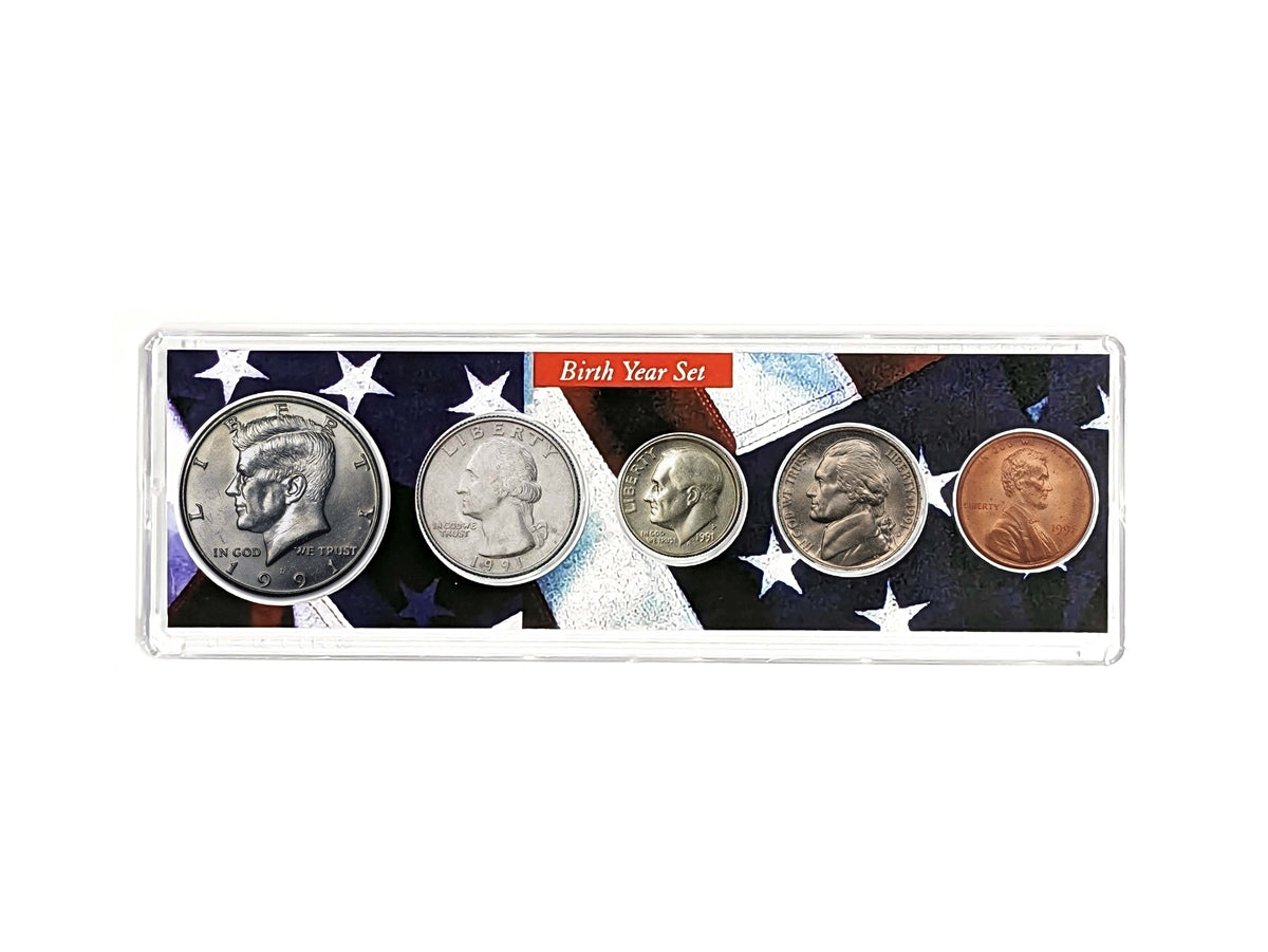 1991 Birth Year Coin Set - Uncirculated 5-Coin Collection in Patriotic Holder