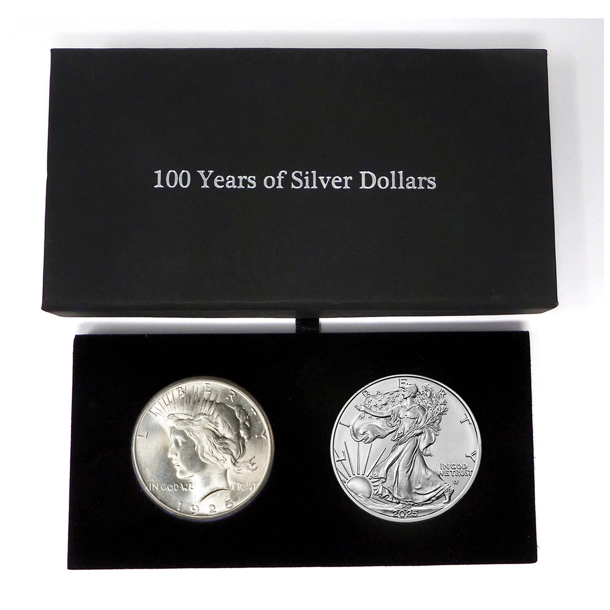 1925 Peace Dollar and 2025 Silver Eagle 100 Year Silver Dollar Set in Specialty Felt Lined Black Box