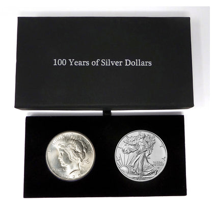 1925 Peace Dollar and 2025 Silver Eagle 100 Year Silver Dollar Set in Specialty Felt Lined Black Box