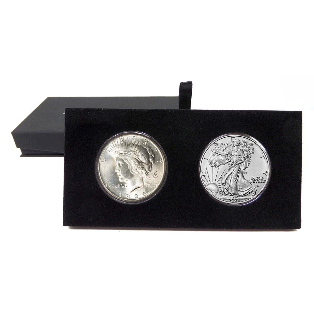 1925 Peace Dollar and 2025 Silver Eagle 100 Year Silver Dollar Set in Specialty Felt Lined Black Box