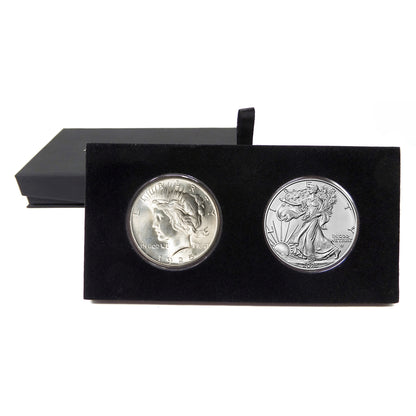1925 Peace Dollar and 2025 Silver Eagle 100 Year Silver Dollar Set in Specialty Felt Lined Black Box
