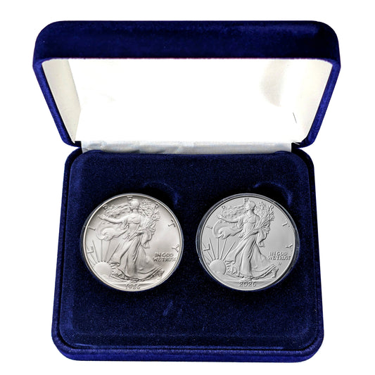 1986 Silver Eagle and 2026 Silver Eagle 40 Year Silver Eagle Anniversary Set in Specialty Blue Felt Lined Box