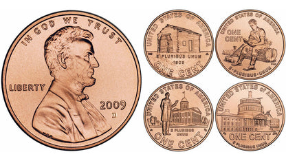 2009 - D Lincoln Bicentennial Series 5 Coin Set - All 4 Designs with Extra Obverse Coin