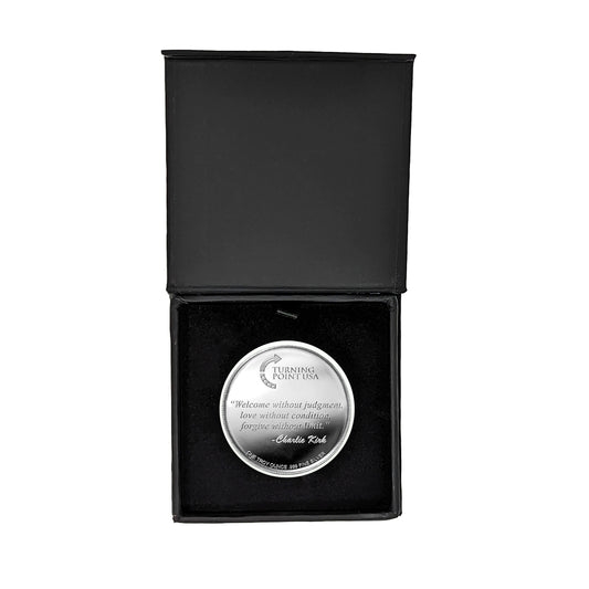 Charlie Kirk "The Fight Continues" - 1 Troy Ounce, .999 Pure Silver Round in Black Velvet Lined Magnet Close Gift Box