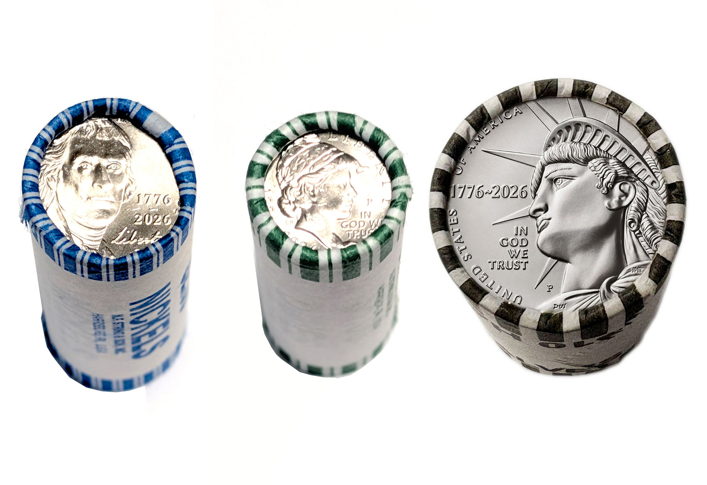 2026 P Mint 3 Roll Set - Nickel, Dime, and Half Dollar - 1776-2026 Dual Date Semiquincentennial Coinage Philadelphia (P) Mint + Bonus 4 Coin Gift