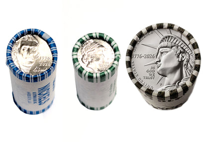 2026 P Mint 3 Roll Set - Nickel, Dime, and Half Dollar - 1776-2026 Dual Date Semiquincentennial Coinage Philadelphia (P) Mint + Bonus 4 Coin Gift