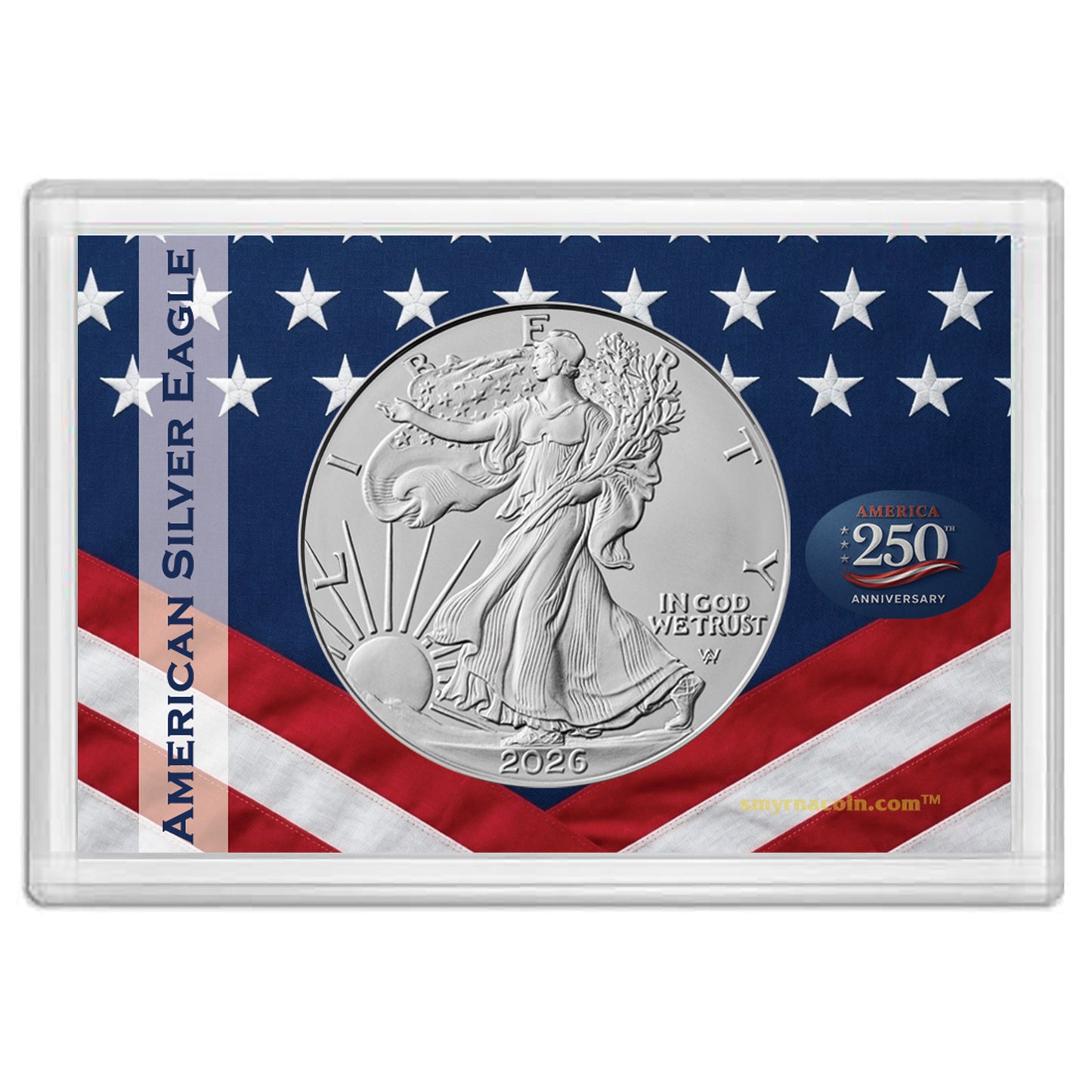 2026 American Silver Eagle - 250th Anniversary Patriotic Flag Gift Holder - 1 oz .999 Fine Silver BU with our Smyrnacoin Certificate of Authenticity