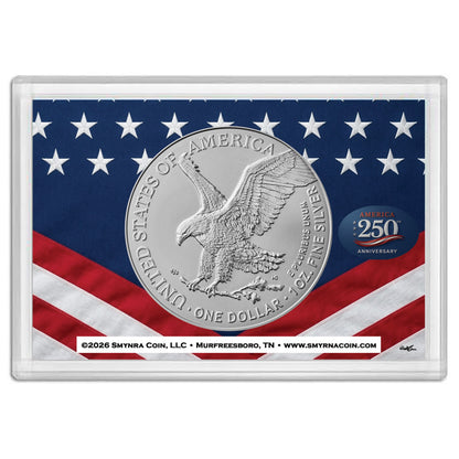 2026 American Silver Eagle - 250th Anniversary Patriotic Flag Gift Holder - 1 oz .999 Fine Silver BU with our Smyrnacoin Certificate of Authenticity