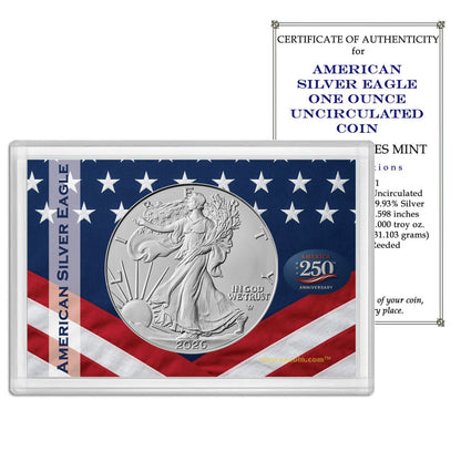 2026 American Silver Eagle - 250th Anniversary Patriotic Flag Gift Holder - 1 oz .999 Fine Silver BU with our Smyrnacoin Certificate of Authenticity