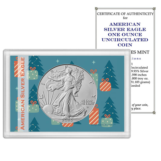 2026 American Silver Eagle - Christmas Tree Gift Holder - 1 oz .999 Fine Silver BU
