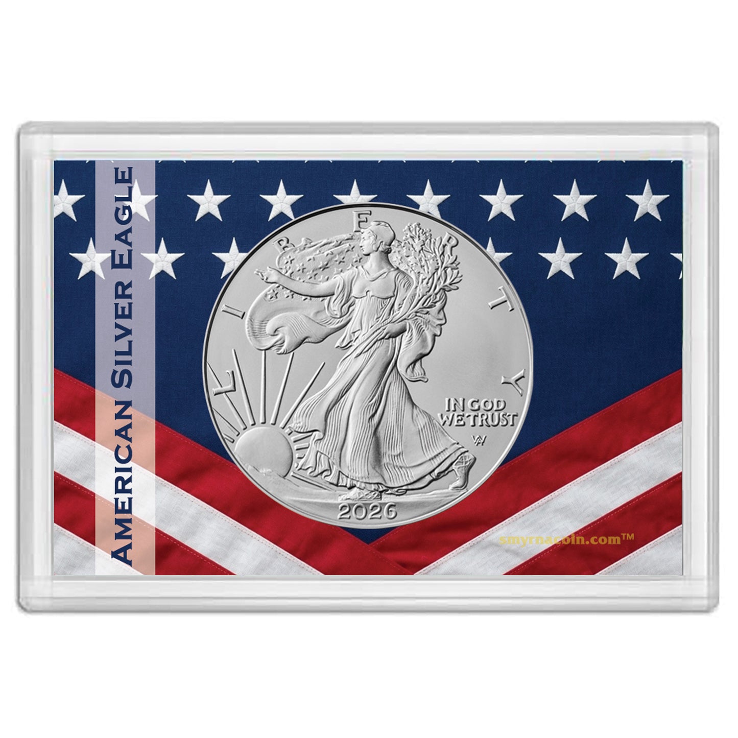 2026 American Silver Eagle in Patriotic Flag Gift Holder - BU with our Smyrnacoin Certificate of Authenticity