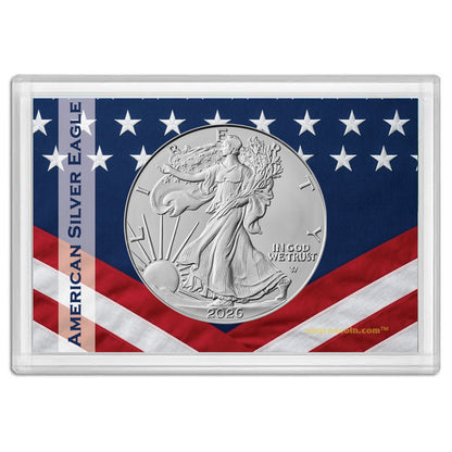 2026 American Silver Eagle in Patriotic Flag Gift Holder - BU with our Smyrnacoin Certificate of Authenticity