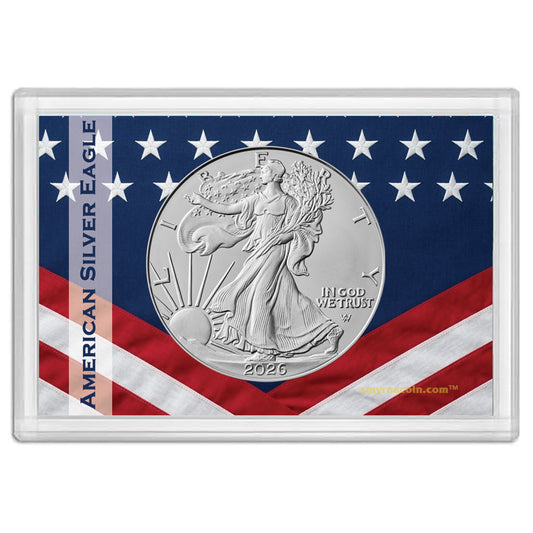 2026 American Silver Eagle in Patriotic Flag Gift Holder - BU with our Smyrnacoin Certificate of Authenticity
