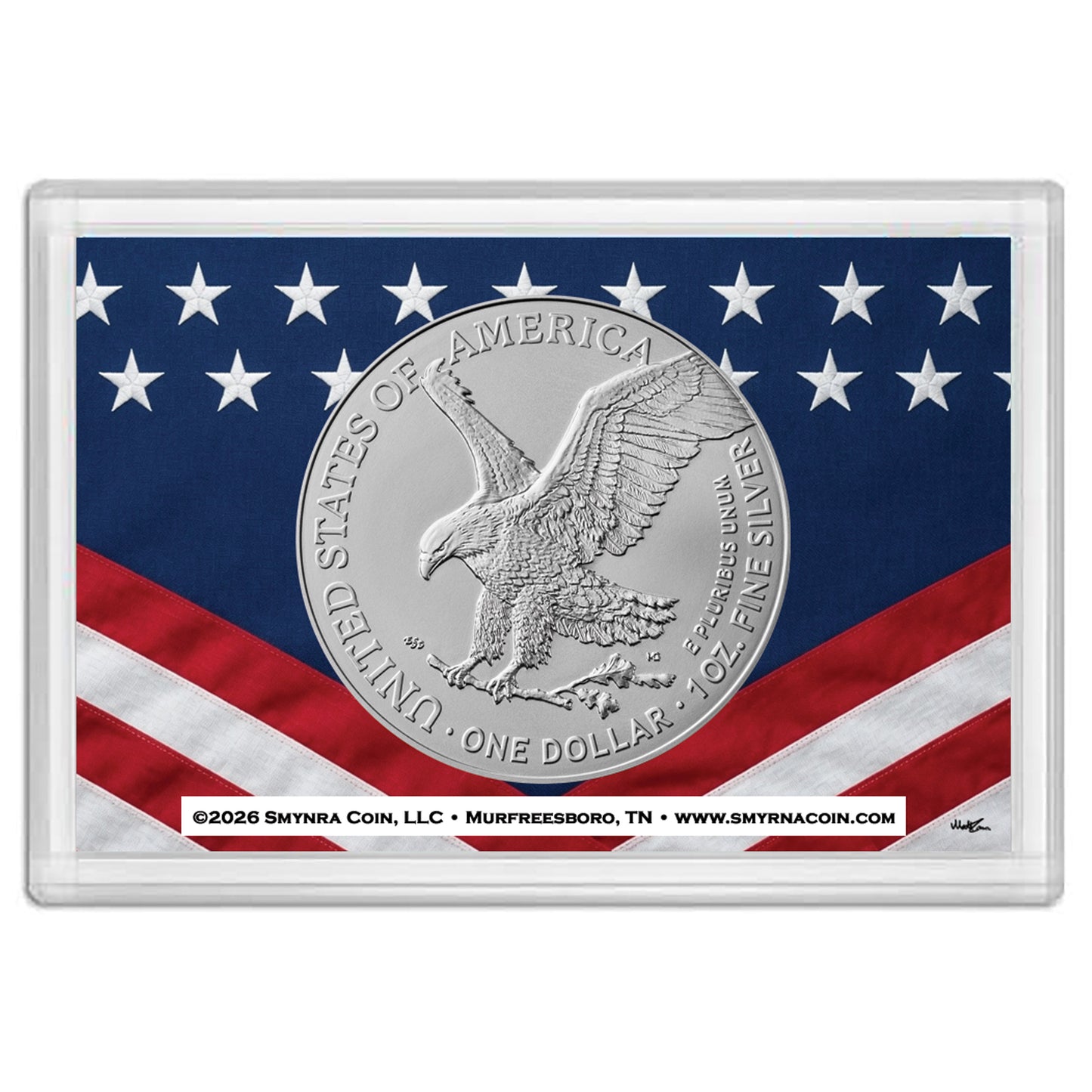2026 American Silver Eagle in Patriotic Flag Gift Holder - BU with our Smyrnacoin Certificate of Authenticity