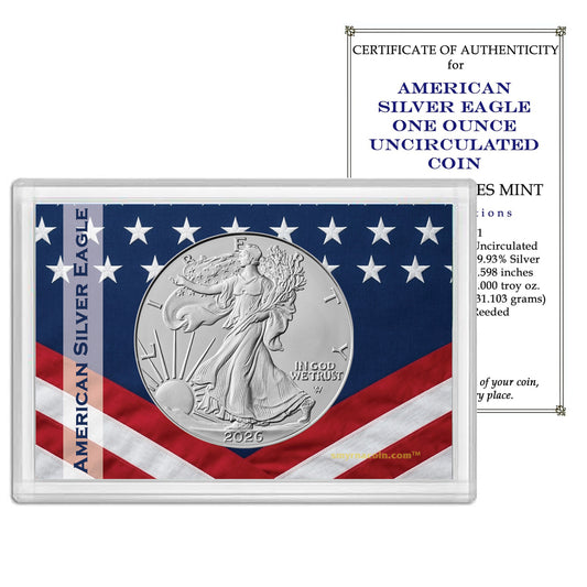 2026 American Silver Eagle in Patriotic Flag Gift Holder - BU with our Smyrnacoin Certificate of Authenticity