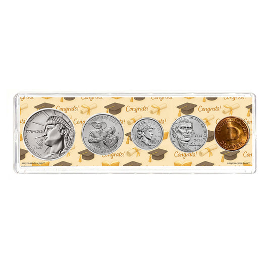 2026 Year Coin Set in Graduation Gift Design Holder - Dual Dated Coins - Semiquincentennial Coin Collection