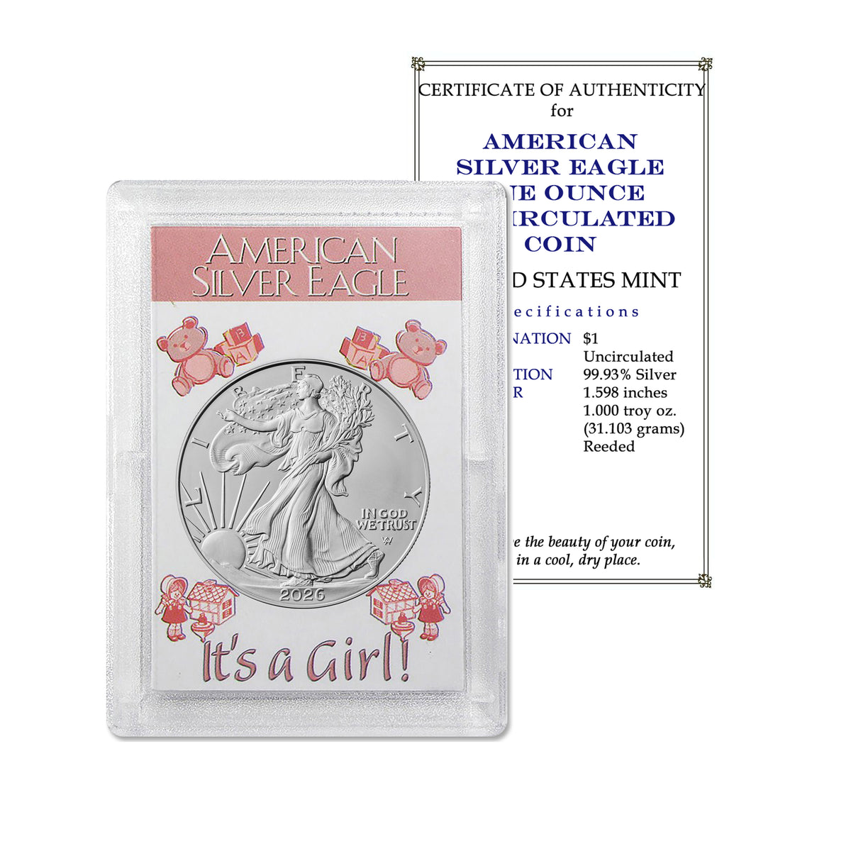 2026 American Silver Eagle BU - "It's a Girl" Gift Holder - .999 Fine Silver