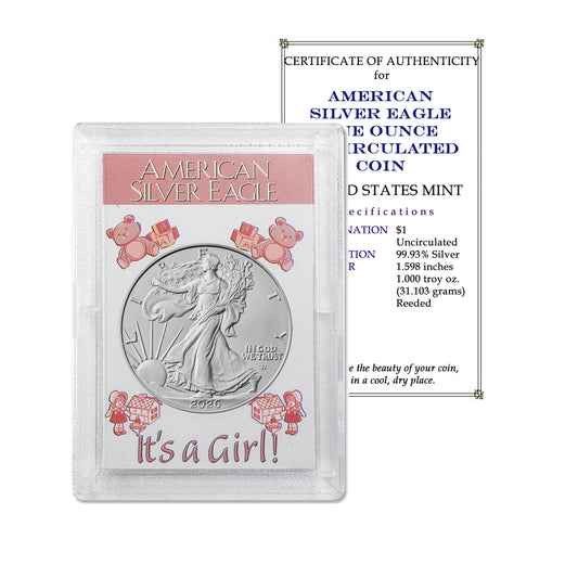 2026 American Silver Eagle BU - "It's a Girl" Gift Holder - .999 Fine Silver