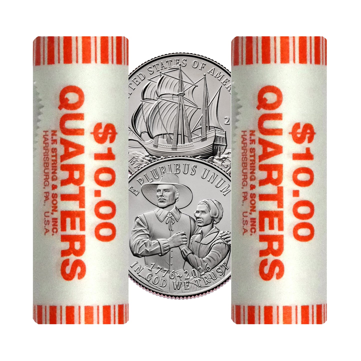 2026 - P and D  Mayflower Compact Quarter Two 40 Coin Rolls Semiquincentennial Coin Collection SemiQ