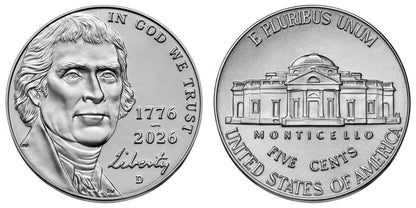2026 P, D Jefferson Nickel Dual Date 1776 - 2026 - Uncirculated 2 Coin Set