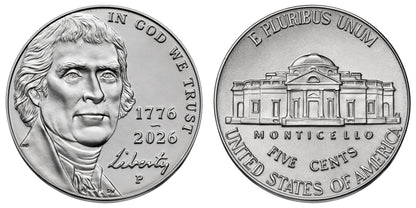 2026 P, D Jefferson Nickel Dual Date 1776 - 2026 - Uncirculated 2 Coin Set