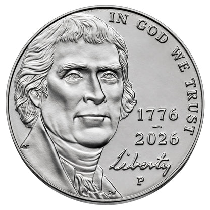 2026 P Jefferson Nickel 40 Coin Roll Dual Date 1776 - 2026 Philadelphia Mint Uncirculated