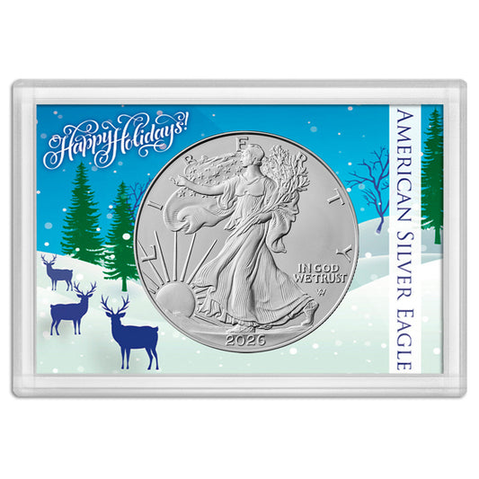 Presale! 2026 American 1 oz Brilliant Uncirculated Silver Eagle in Happy Holidays Snowy Scene with Reindeer Holder
