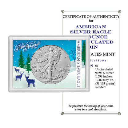 2026 American Silver Eagle in Happy Holidays Snowy Scene with Reindeer Holder