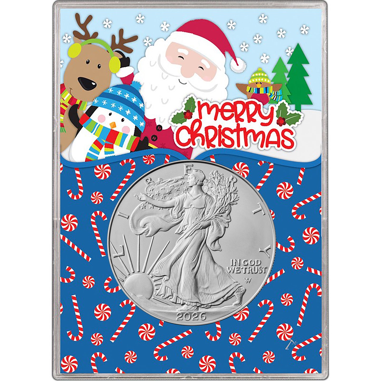 2026 American Silver Eagle in Christmas Santa Gift Holder - Gem BU