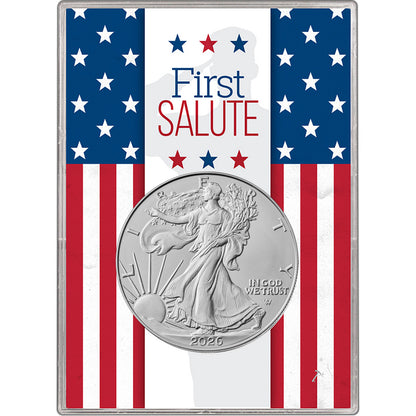 2026 Silver Eagle in First Salute Gift Holder - 1 oz .999 Fine Silver BU