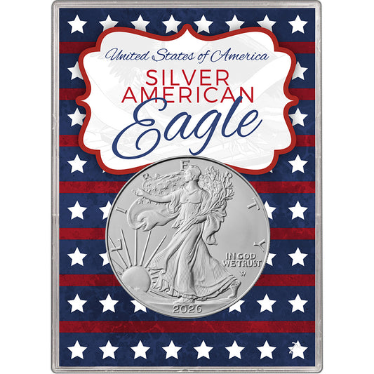Presale! 2026 U.S. Silver Eagle in Patriotic American Flag Gift Holder - Gem Brilliant Uncirculated