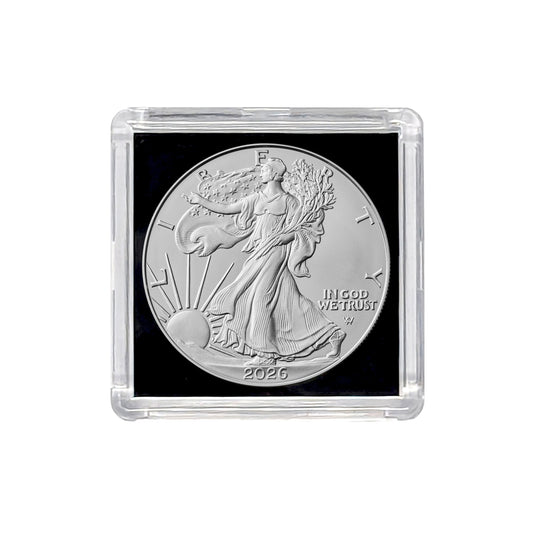 Presale! 2026 American Silver Eagle .999 Fine Silver in Black Background Snap Tight Square Holder