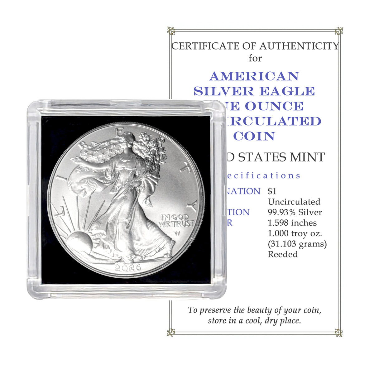 2026 American Silver Eagle BU - .999 Fine Silver - Air-Tite Holder with COA