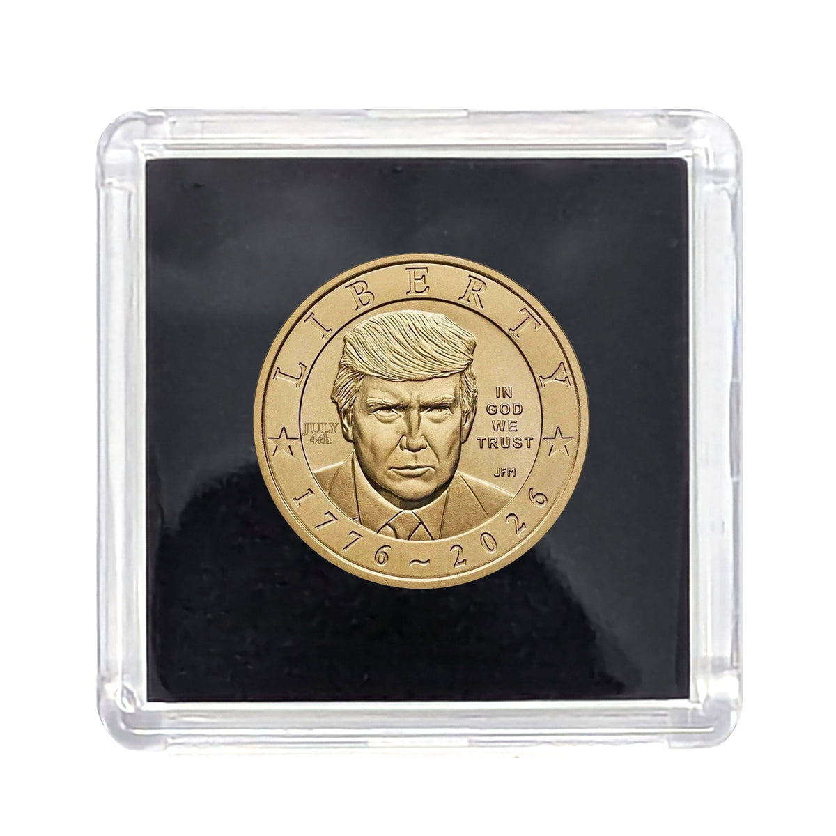 Presale! 2026 July 4th Privy Mark Donald Trump Semiquincentennial $1 Coin - U.S. Mint - Philadelphia (P) in Square Black Background Hard Plastic Display Case